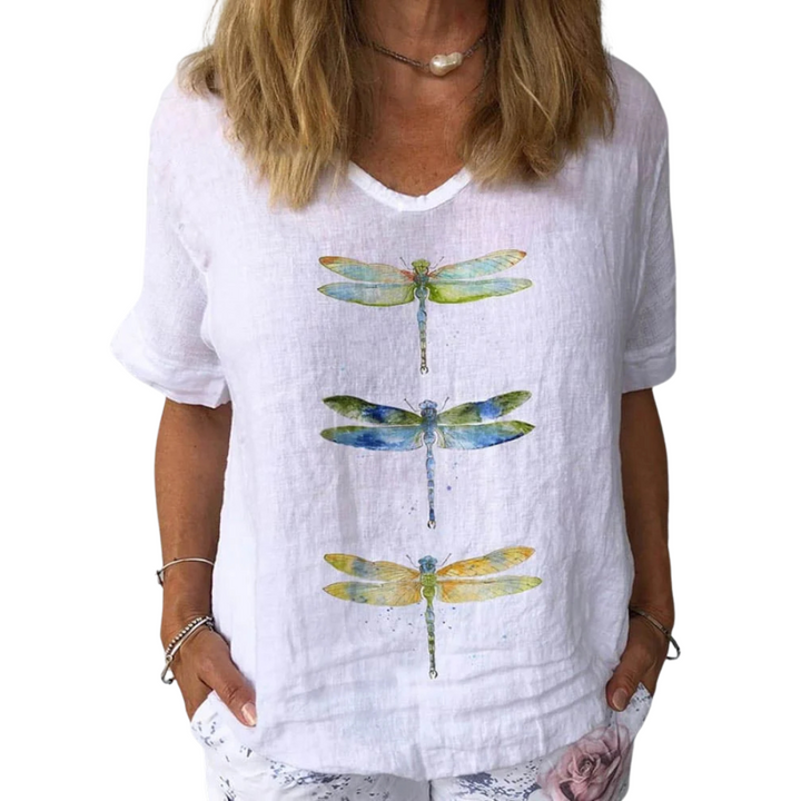 Women's Dragonfly Print Cotton & Linen Short Sleeve Top