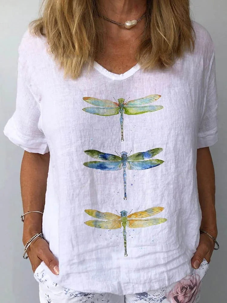Women's Dragonfly Print Cotton & Linen Short Sleeve Top