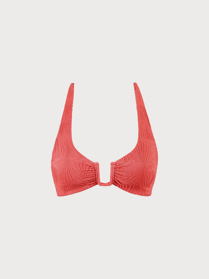 Red Jacquard U-Ring Cross Back Bikini Top