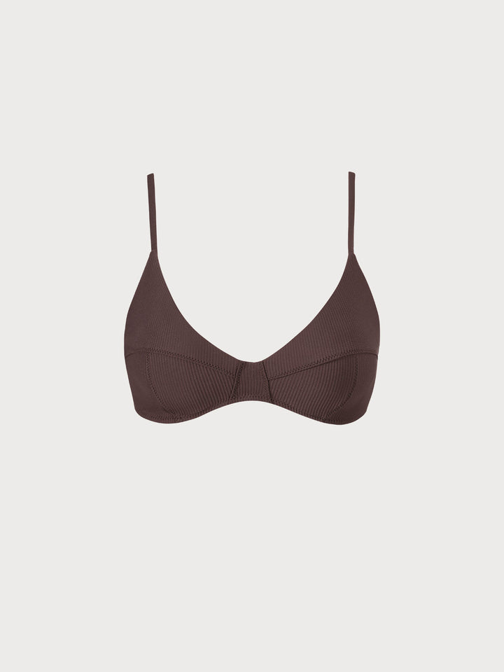 Coffee V-Neck Ribbed Bikini Top