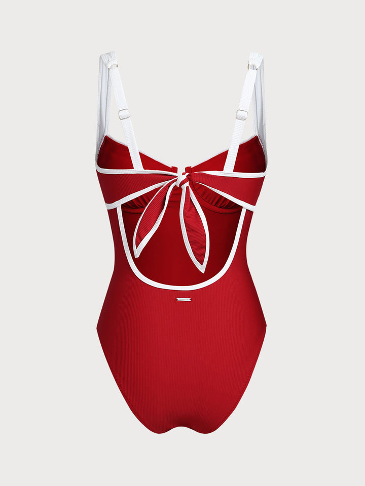 Red Contrast Trim Knotted One-Piece Swimsuit