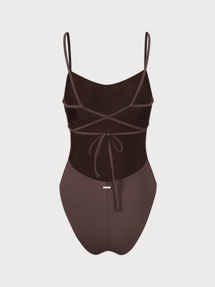 Coffee Ribbed Cross Back One-Piece Swimsuit