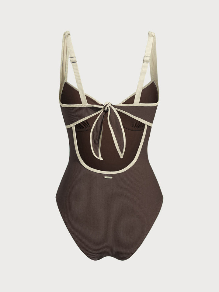 Dark Coffee Contrast Trim Knotted One-Piece Swimsuit