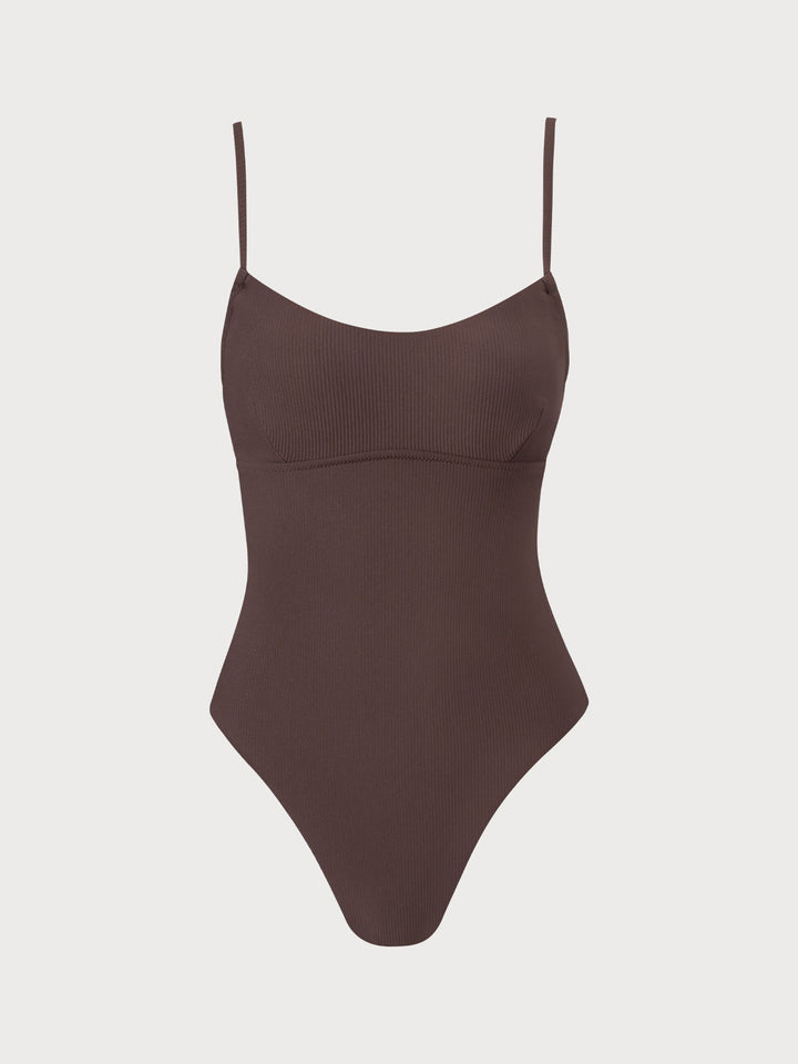 Coffee Ribbed Cross Back One-Piece Swimsuit