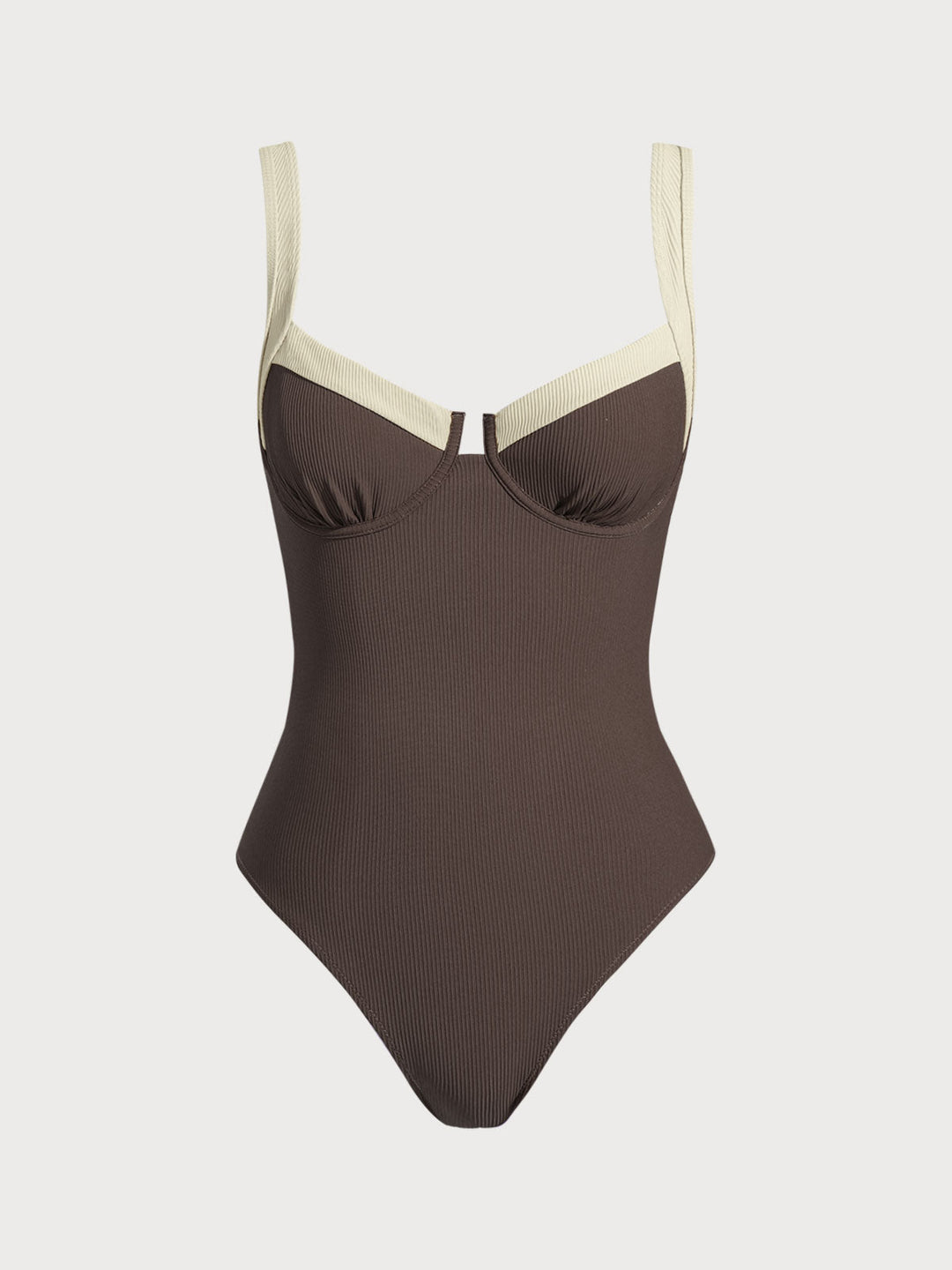 Dark Coffee Contrast Trim Knotted One-Piece Swimsuit
