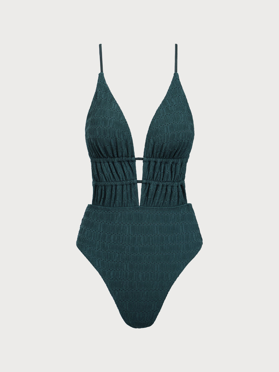 Dark Green Textured Plunge One-Piece Swimsuit