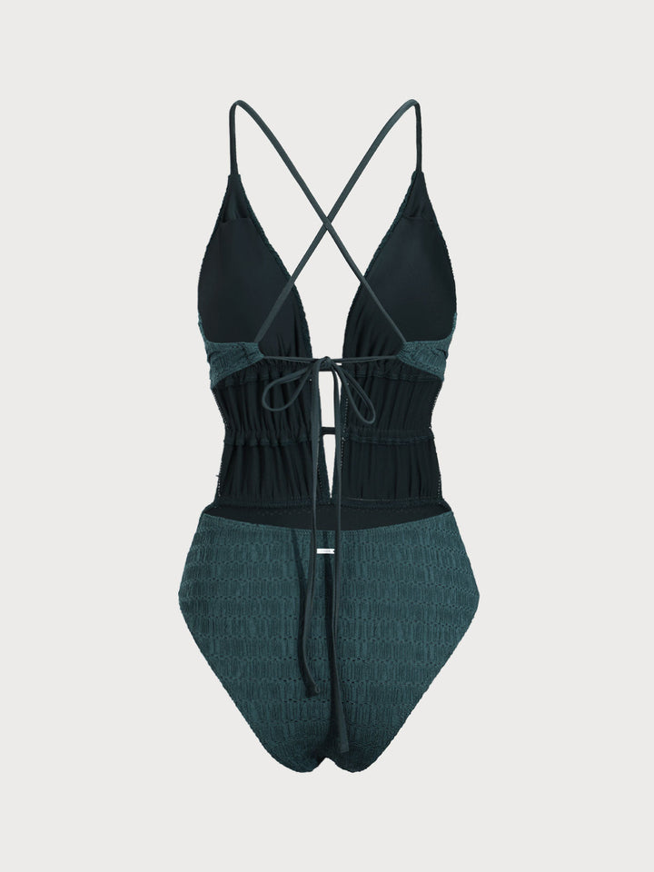 Dark Green Textured Plunge One-Piece Swimsuit