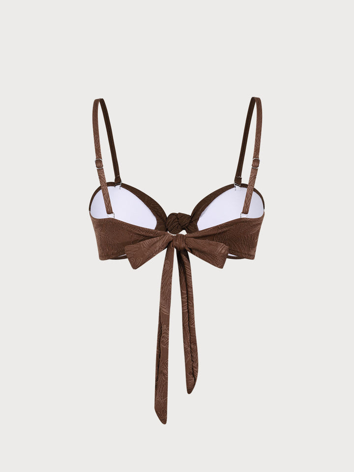 Coffee Jacquard Twist Bikini Top