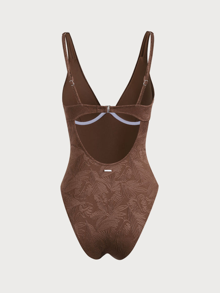 Coffee Jacquard Underwire One-Piece Swimsuit